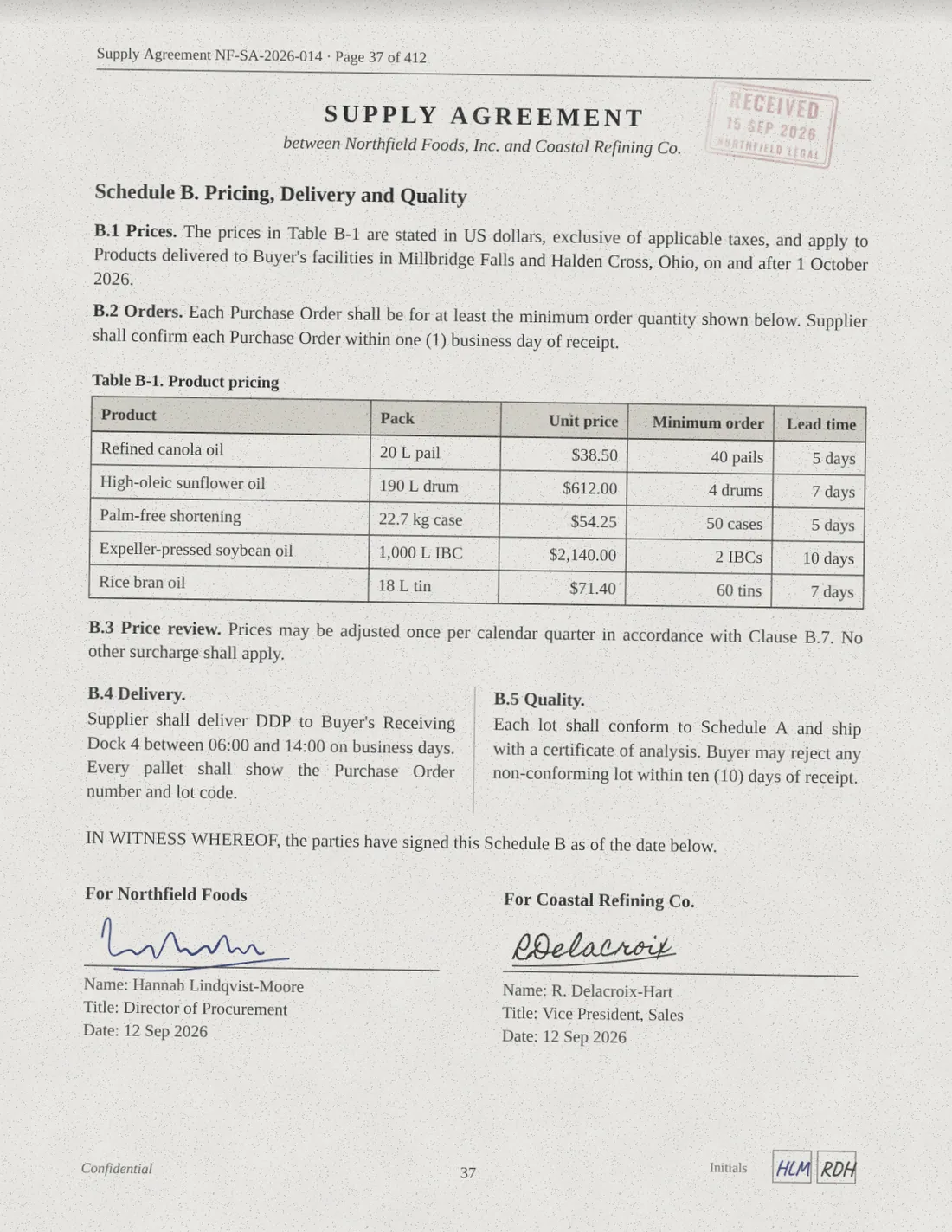 A scanned page of the supply agreement with a product pricing table