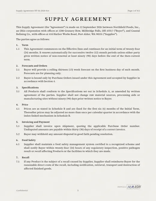 Page 1 of the Supply Agreement between Northfield Foods and Coastal Refining Co., with clause 1.1 highlighted
